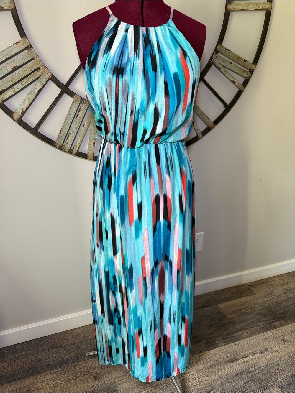 BCX Aqua Multi-Stripe Halter Maxi Dress